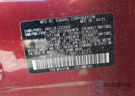 2021 Subaru Forester Premium from USA, damaged, VIN JF2SKAFC2MH514015